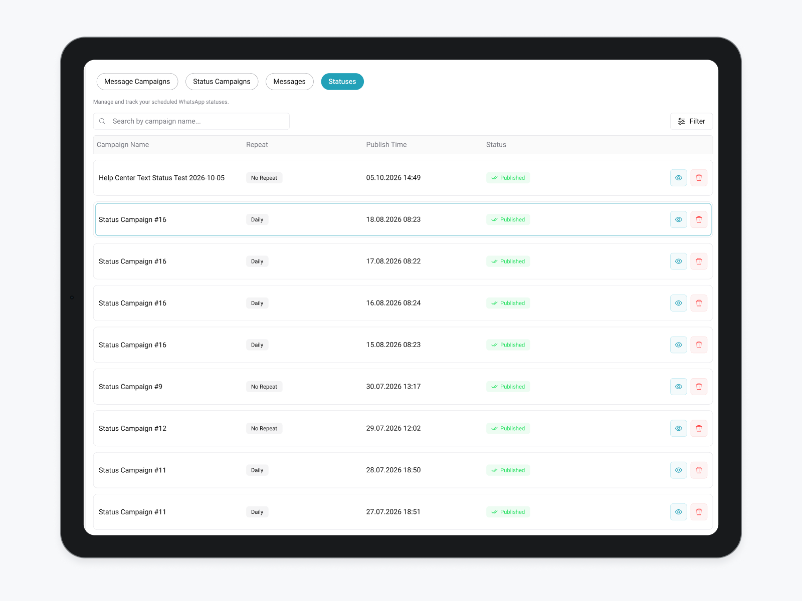 SendOnTime Statuses report showing campaign names, repeat settings, publication times, and Published statuses.