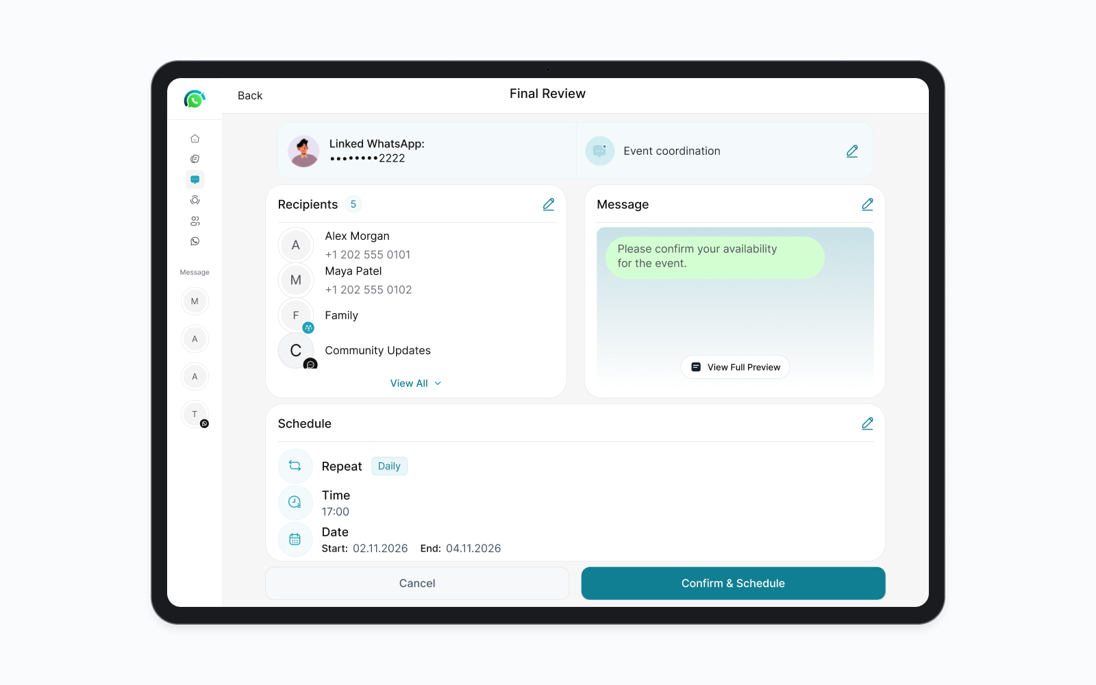 Final Review for an example recurring WhatsApp message campaign, showing five recipients and a Daily schedule at 17:00 from November 2 to 4, 2026