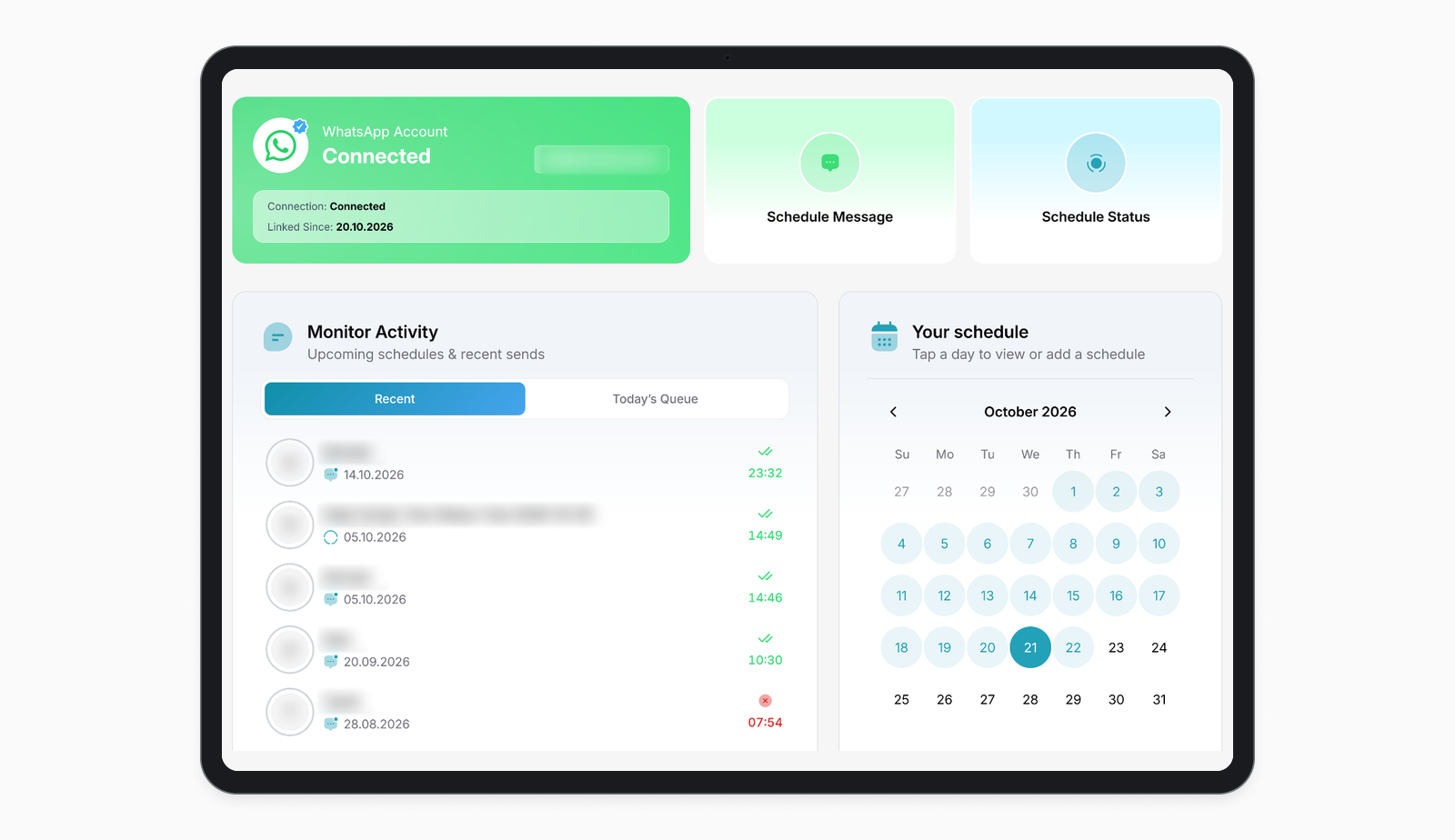 SendOnTime dashboard showing a connected WhatsApp account and the Schedule Message option.