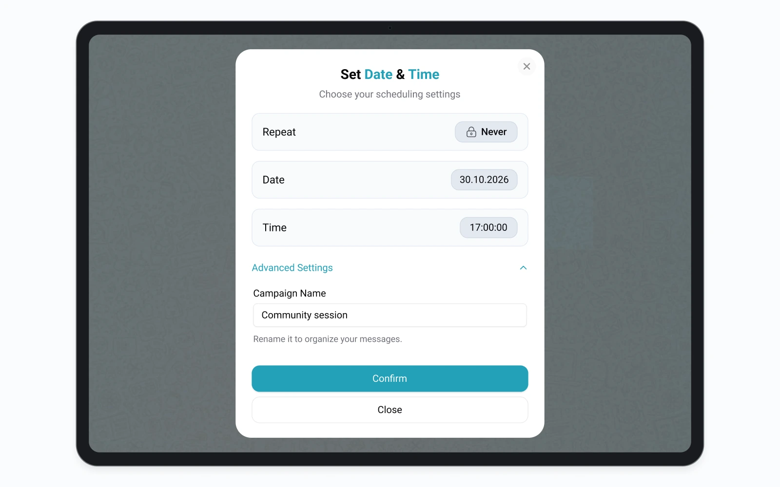 Illustrative Set Date & Time dialog inside a landscape iPad, with Never, 30 October 2026 and 17:00.