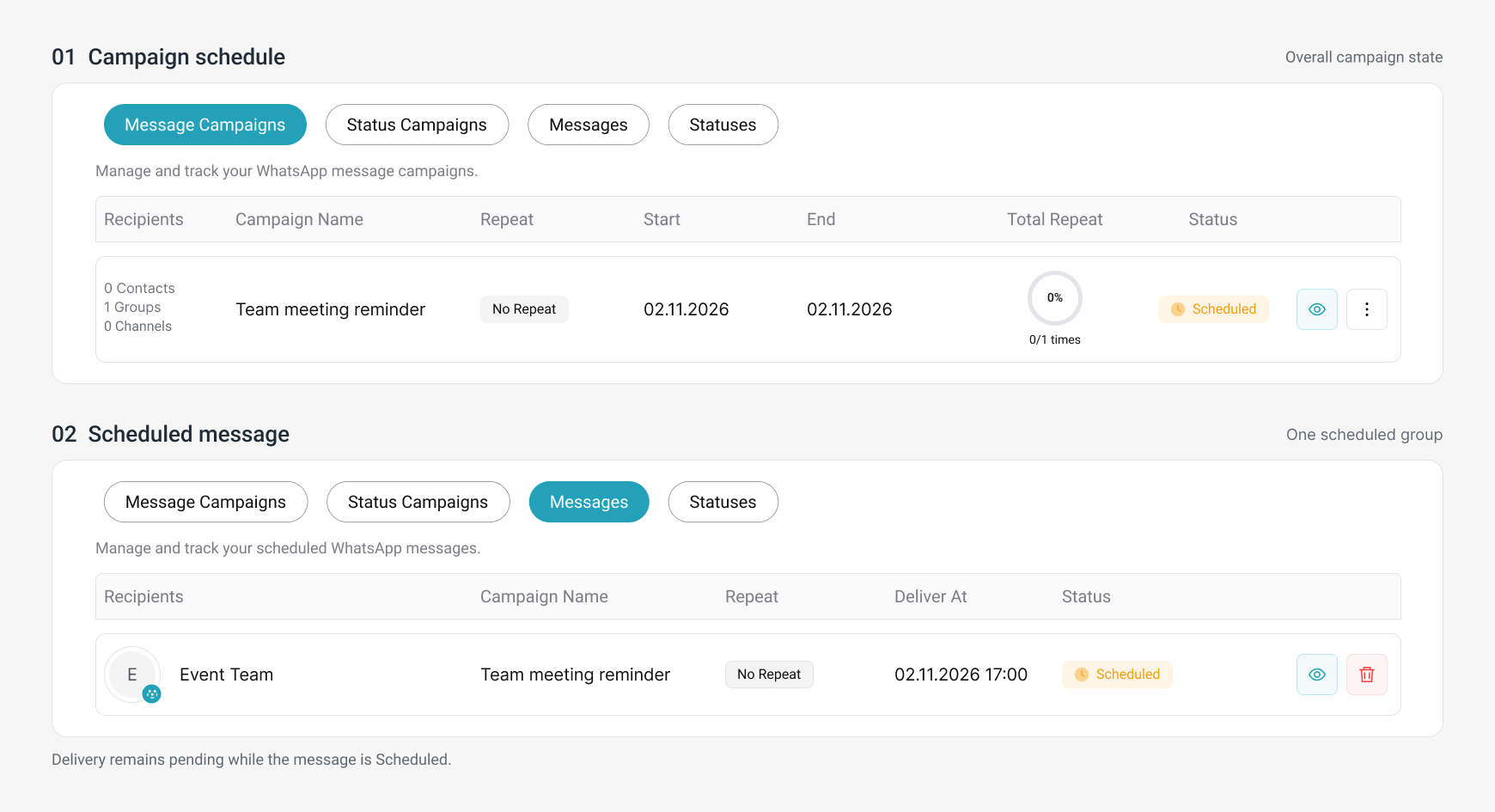 Illustrative Overview for Team meeting reminder: 0 contacts, 1 group, 0 channels, with Event Team scheduled for 2 November 2026 at 17:00.