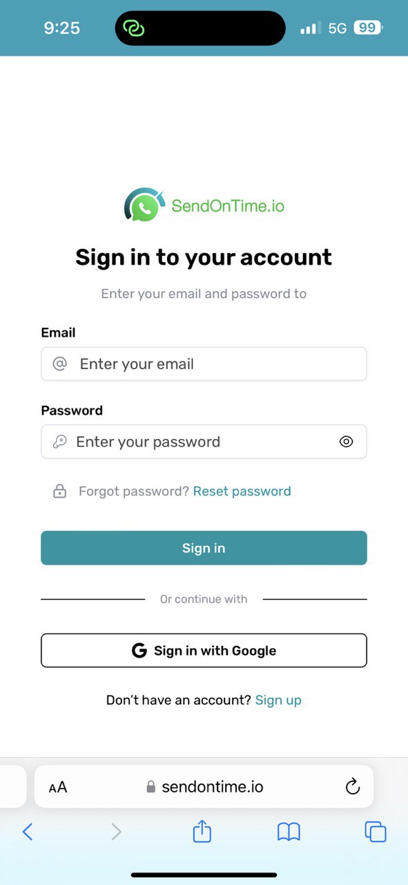 SendOnTime login screen on iPhone