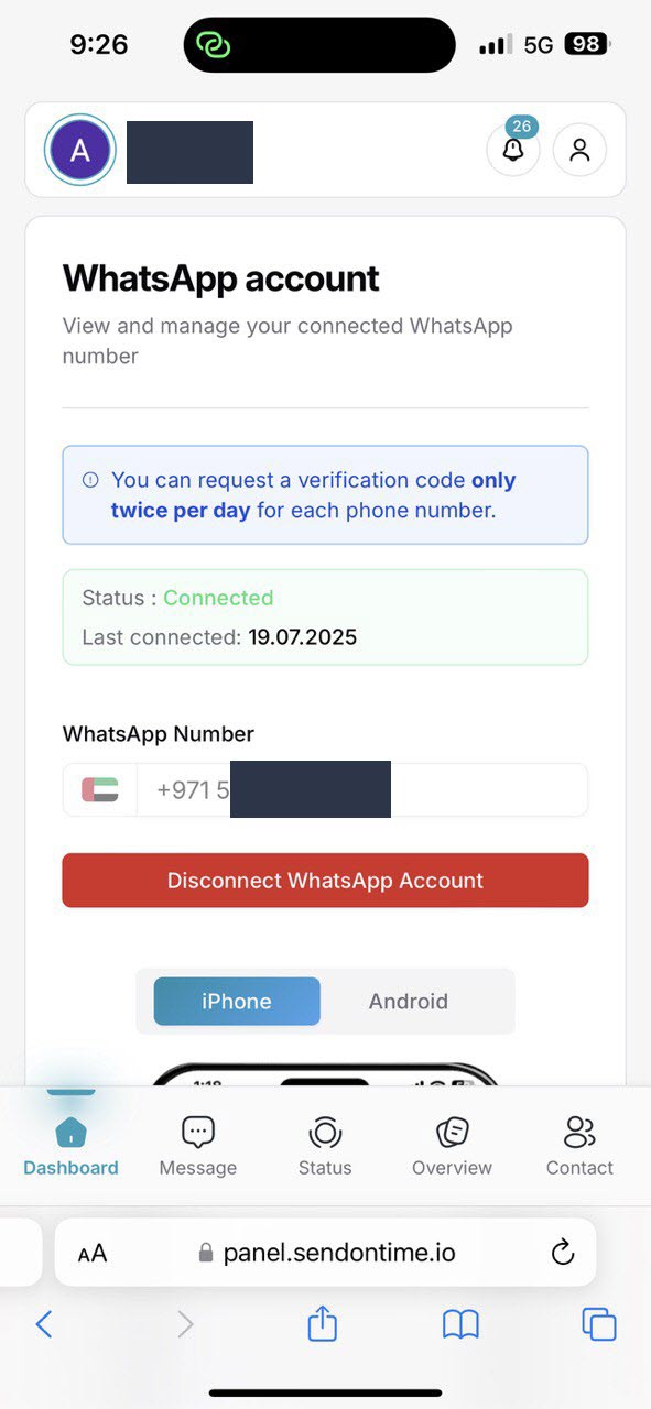 Screenshot showing a connected WhatsApp number on SendOnTime.io dashboard, with connection status and country code